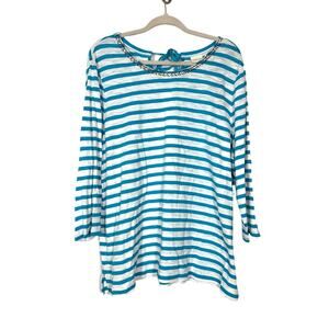 NEW Chicos 4 XXL (20) 3/4 Sleeve Turquoise White Stripe Beaded Boatneck Blouse